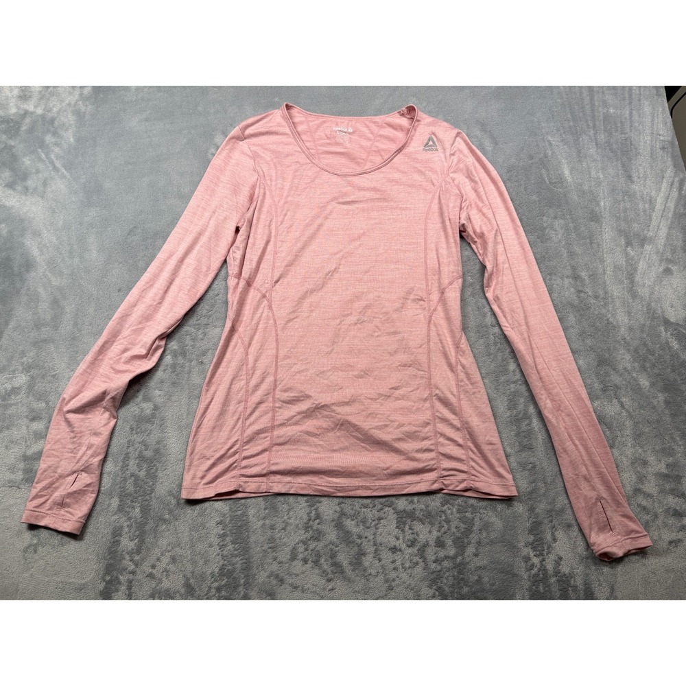 Reebok Athletic Shirt Top Women Small Heather Pink Stretch Thumbholes Sleeve Tee